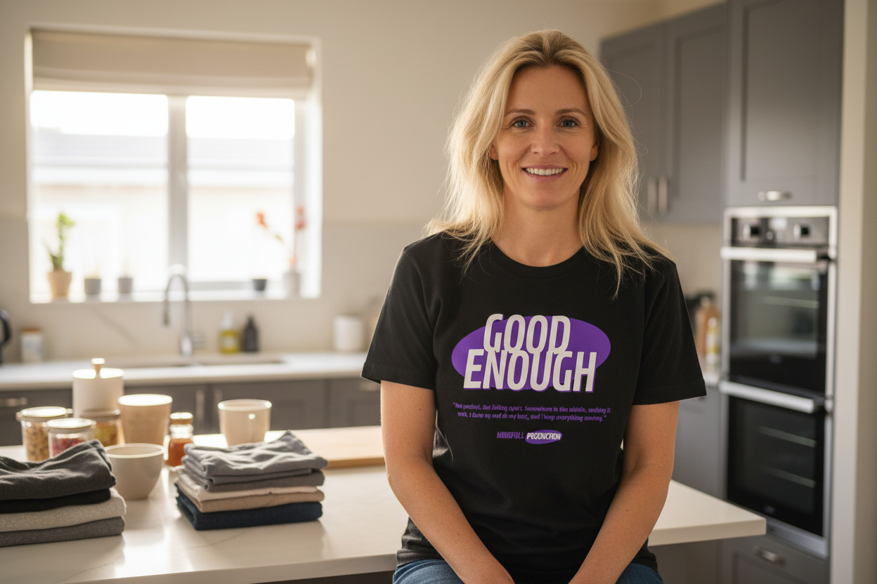 Blonde mum on right side wearing Good Enough t-shirt