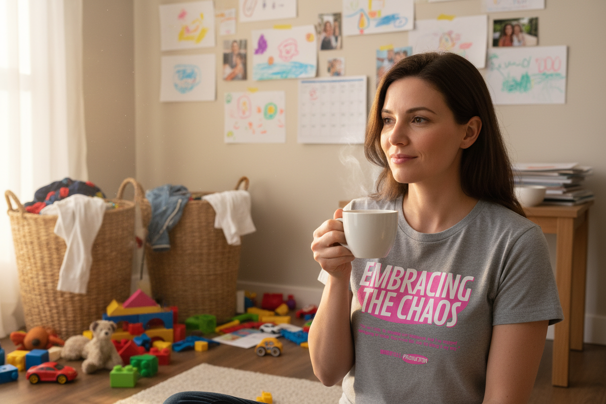 Busy mum with tea wearing Embracing the Chaos t-shirt