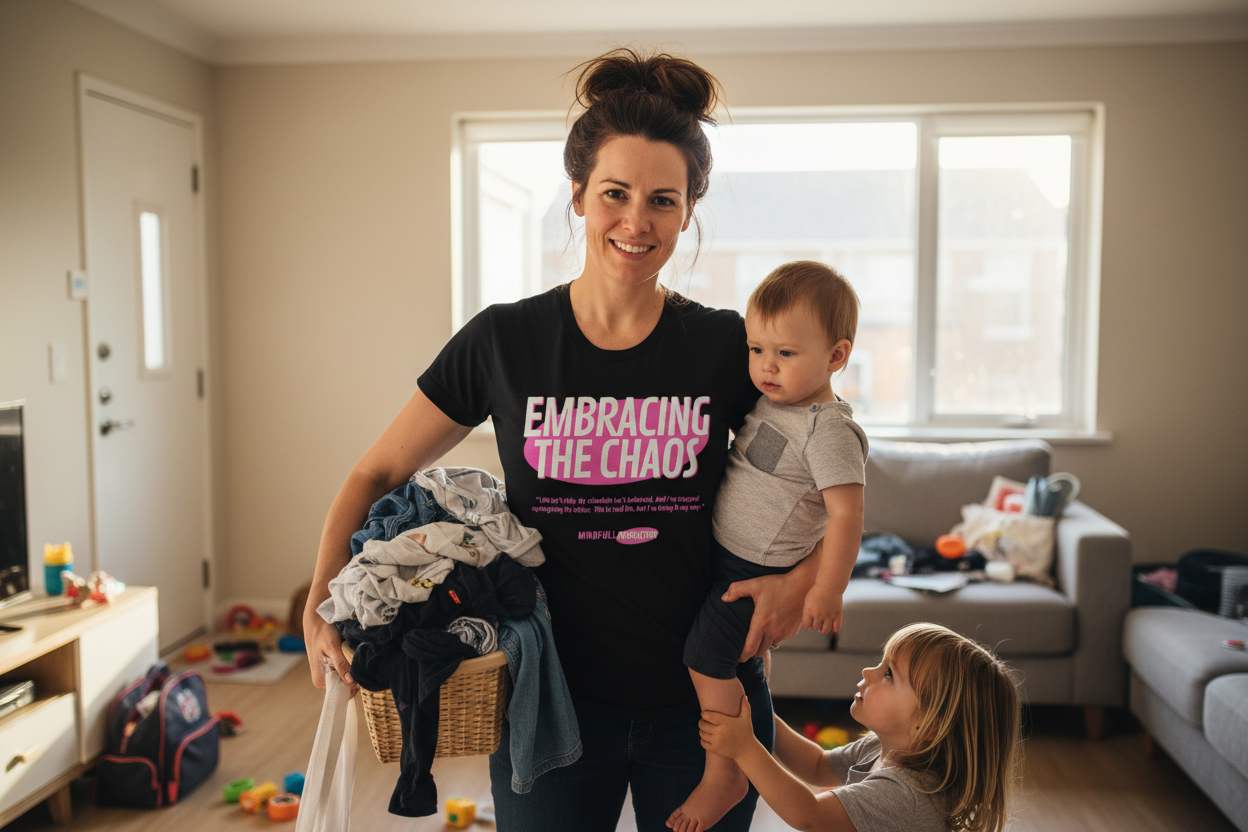 Frazzled but confident mum wearing Embracing the Chaos black t-shirt