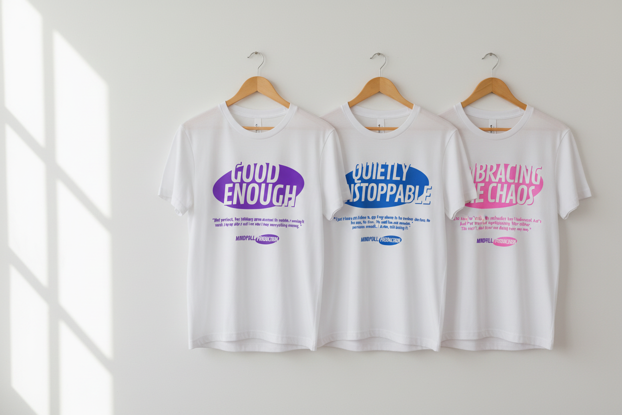 Three t-shirts on hangers with corrected Good Enough logo