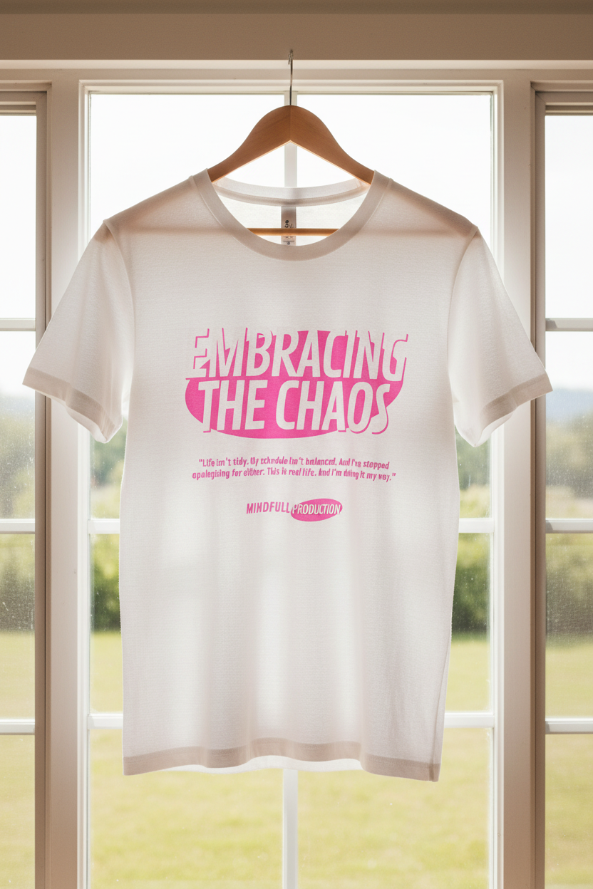 White Embracing the Chaos t-shirt hanging in front of window