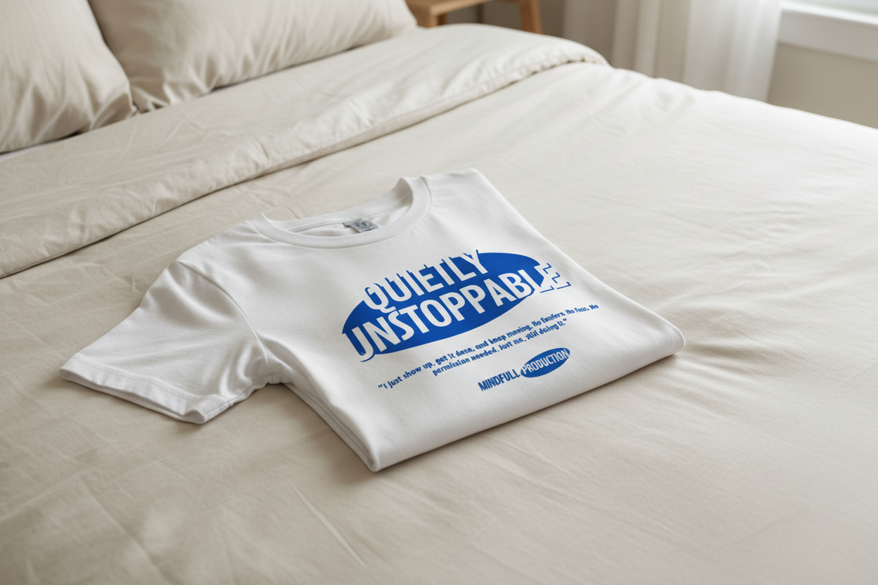 White Quietly Unstoppable t-shirt folded on bed