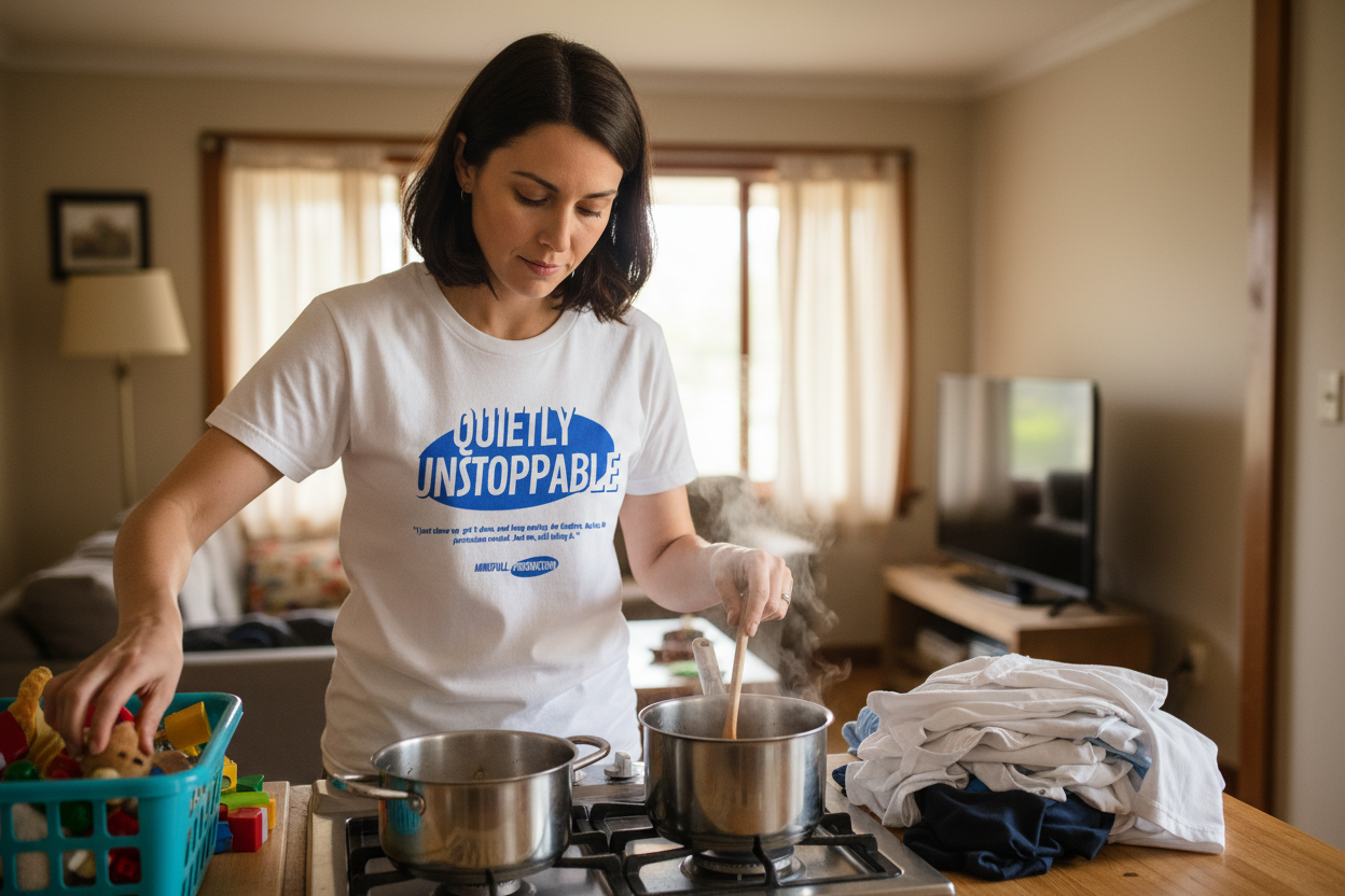 Woman doing chores wearing Quietly Unstoppable t-shirt
